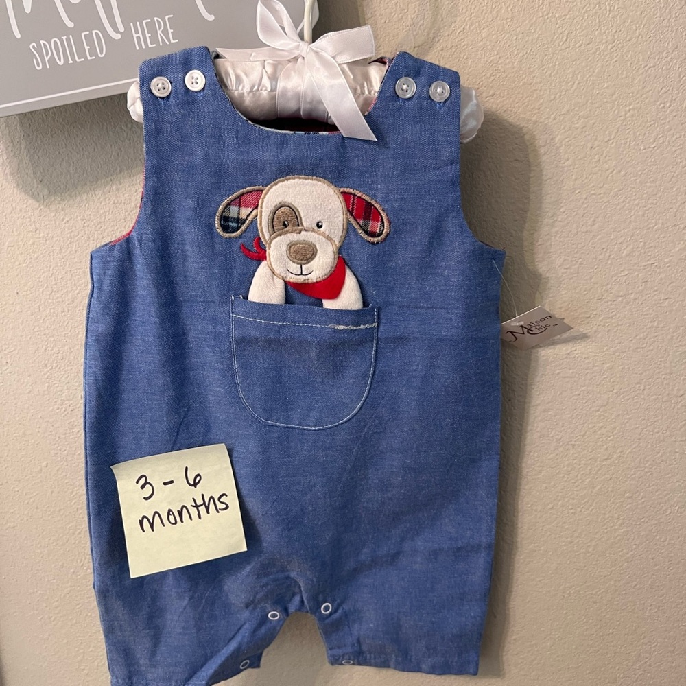 Blue Denim Kids Overalls with Dog Embroidery